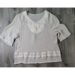 Pleasant Shade Blouse Top Women XL Boho Gauze Stones Pearls Lace Crochet
